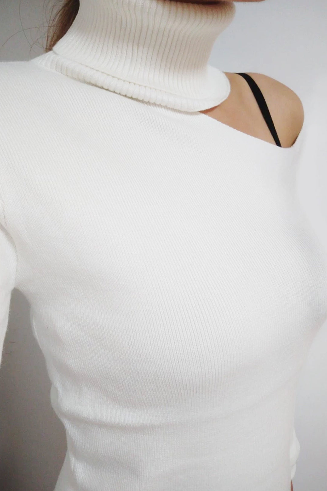 Cashmere Ribbed Jersey Cut Out Shoulder Turtleneck Jumper, Thumb Hole Long Sleeve Sweater, Available in White, Grey & Black