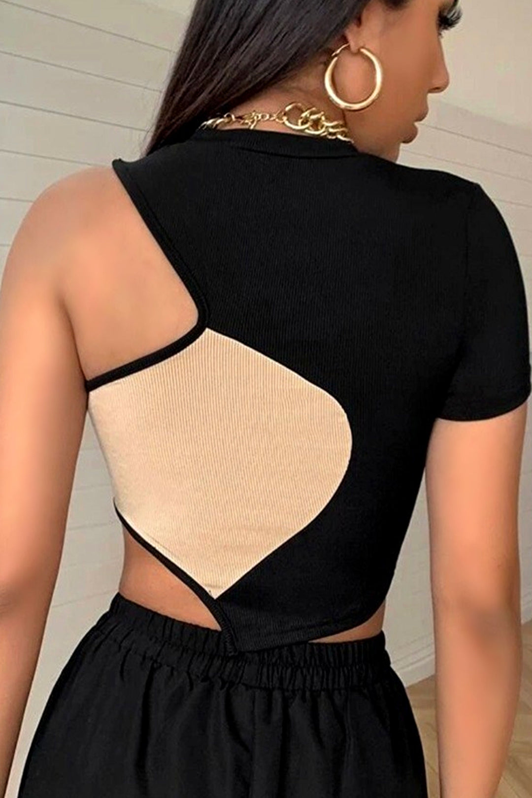 Asymmetrical Two Tone Rib Knit Jersey Crop Top, Black & Beige Patchwork Cut Out Front Tank Top