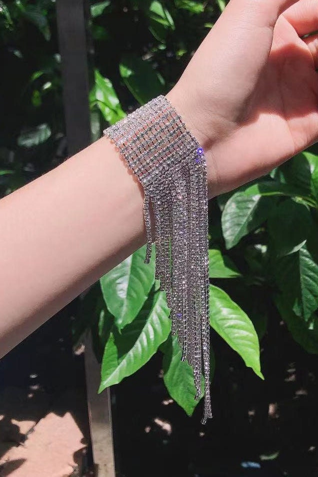 Silver Rhinestone Crystal Tassel Chain-mail Mesh Bracelet, Adjustable Chunky Diamante Chain Bracelet (48 Hour Dispatch)