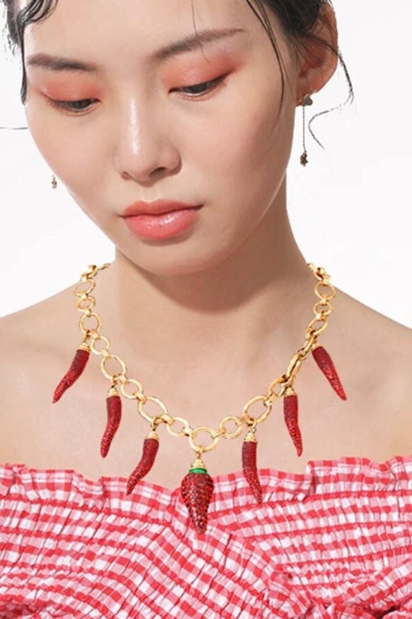 Handmade Strawberry Hot Pepper Rhinestone Cluster Charms Necklace Choker Collar Statement Pendant Vegan Alloy Metal Chain Necklace Surfer  (48 Hour Dispatch)