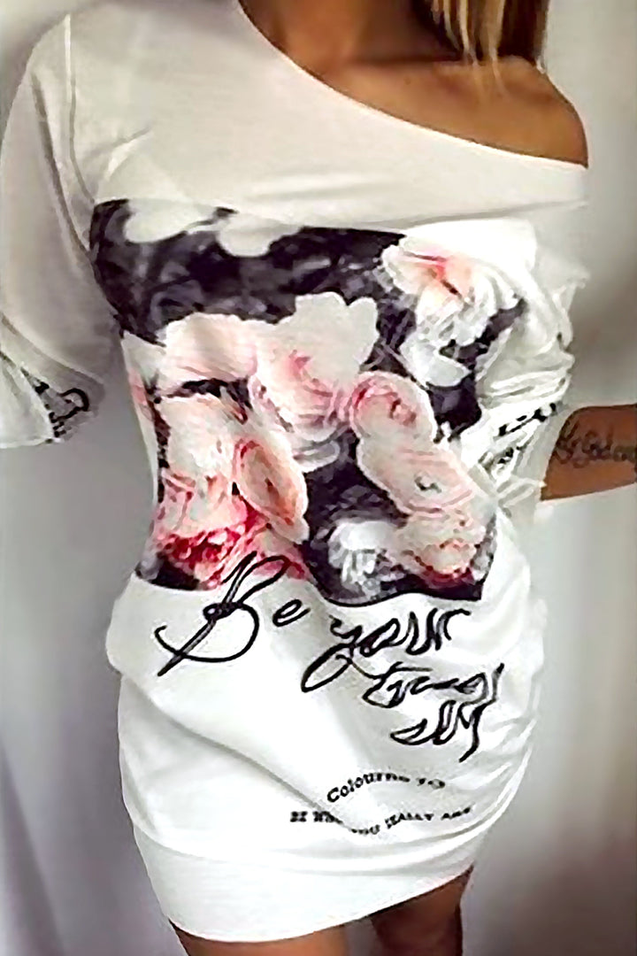 Floral Graphic Off Shoulder Oversized Mini Dress, Pink Rose Floral Design Baggy White Mini Dress