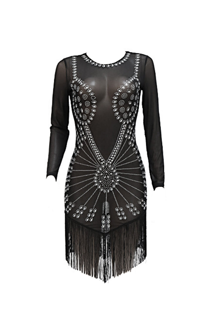 Embellished Rhinestone Crystal Black Sheer Mesh Bodycon Mini Dress, Long Sleeve Diamond Tassel Hem Detailing Dress