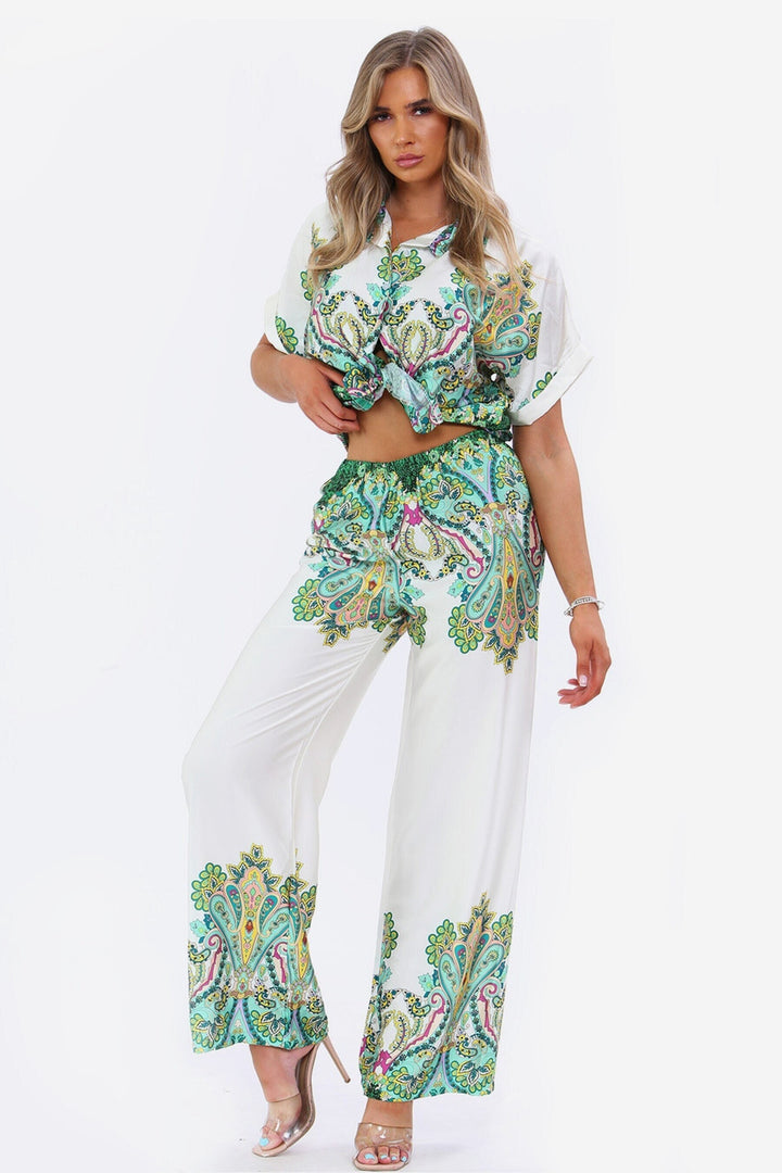 Y2K Satin Graphic Print Green Tie Front Cropped Shirt Co-Ord Set