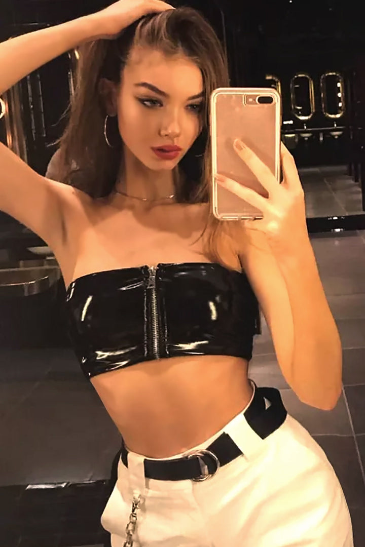 Black Vegan Leather Zip Up Detailing Crop Top, Bandeau Tube Crop Top, PU Crop Top