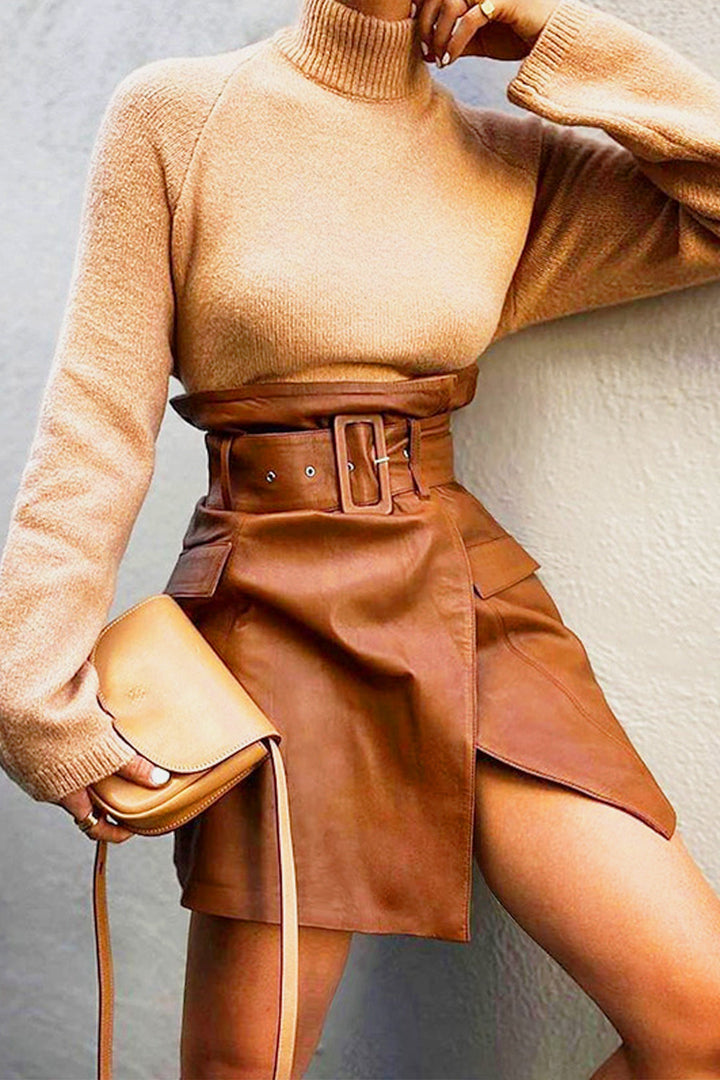 Tan Brown Vegan Leather Mini Skirt, Faux Leather Skirt, Split Thigh Side Slit, Front Pockets, High Waisted Thick Belt Closure