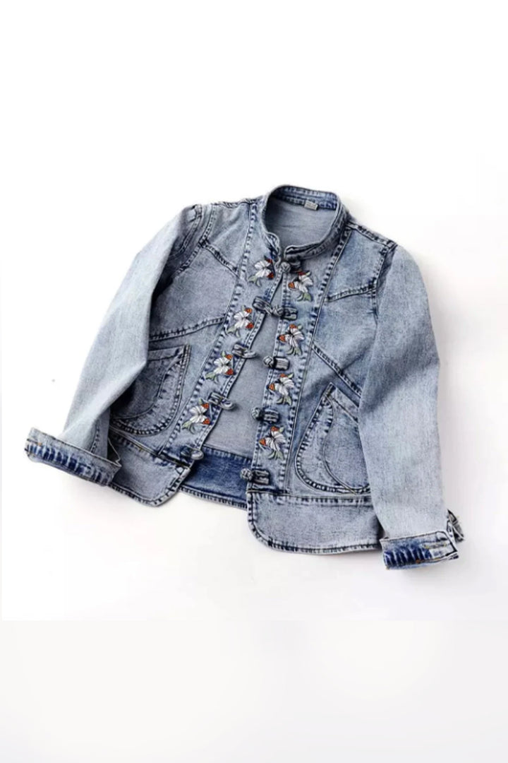 Y2K Butterfly Embroidered Patchwork Denim Jacket, Oversized Baggy Light Wash Jacket