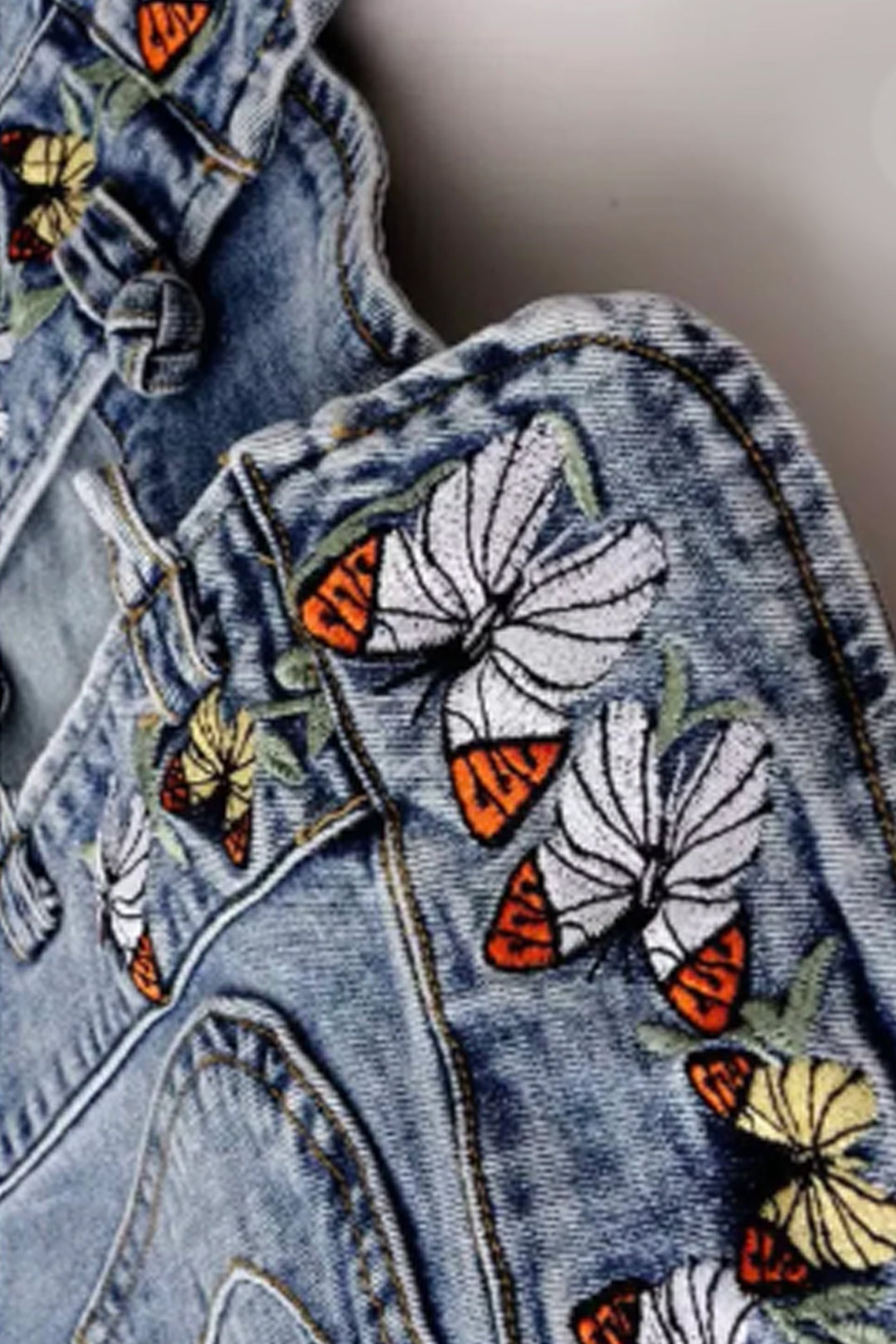 Y2K Butterfly Embroidered Patchwork Denim Jacket, Oversized Baggy Light Wash Jacket