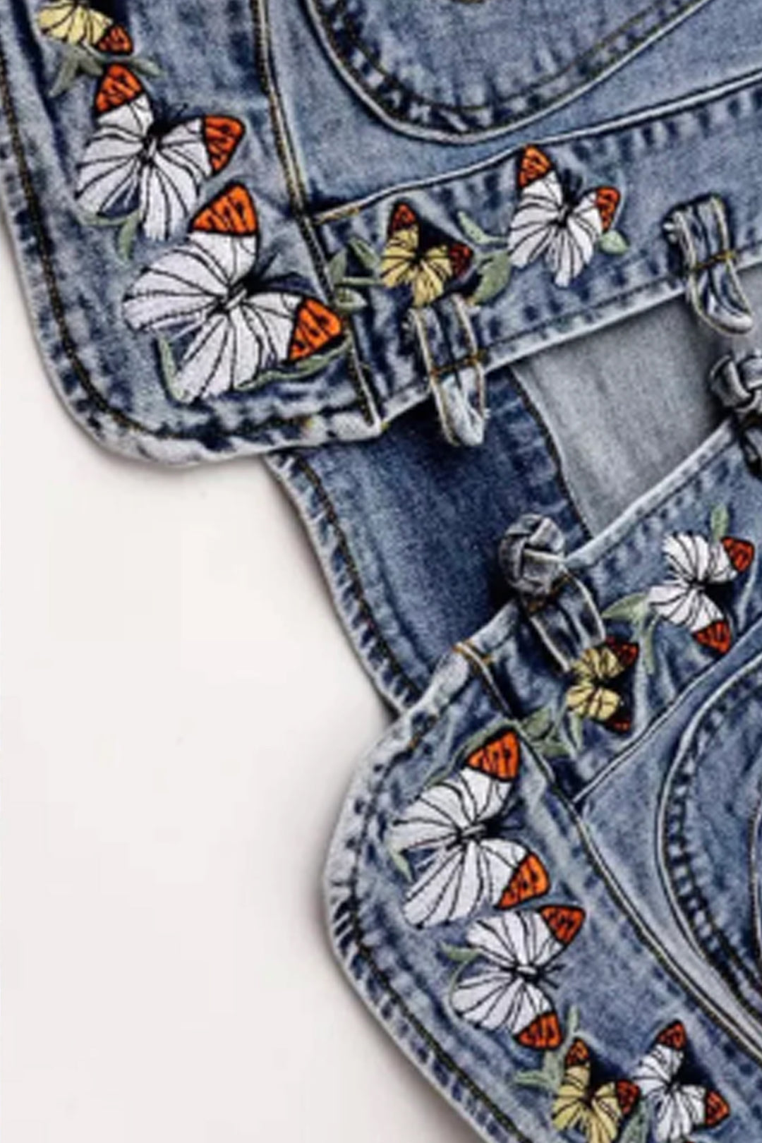 Y2K Butterfly Embroidered Patchwork Denim Jacket, Oversized Baggy Light Wash Jacket