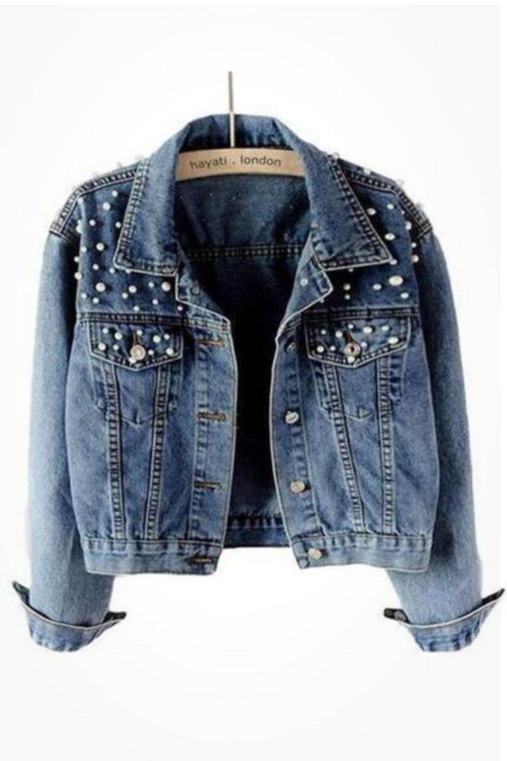 White Mermaid Pearl Studded Blue Wash Denim Jacket - Hayati London