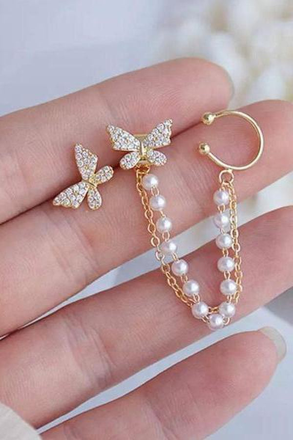 Pretty Butterfly, Sparkling Rhinestone and Pearl Chain Earrings. Gold finish. - Hayati London