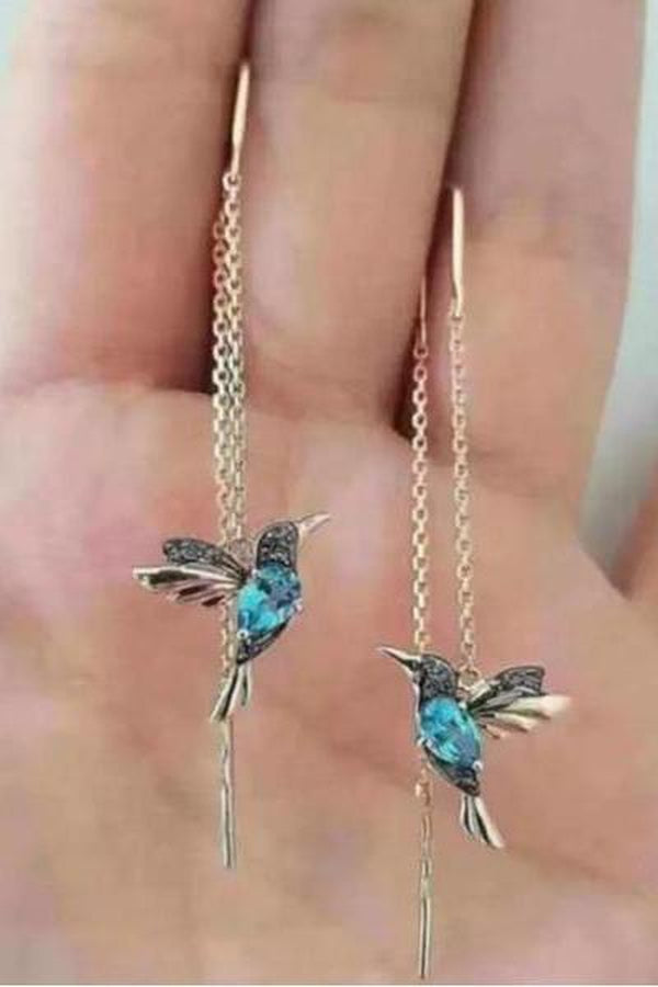 Pretty Humming Bird Rhinestone Drop Earrings, Gold finish - Hayati London