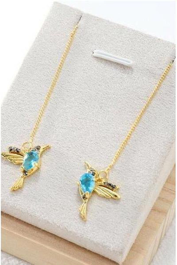 Pretty Humming Bird Rhinestone Drop Earrings, Gold finish - Hayati London