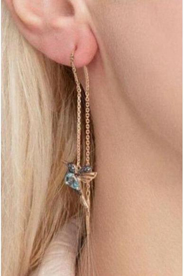 Pretty Humming Bird Rhinestone Drop Earrings, Gold finish - Hayati London