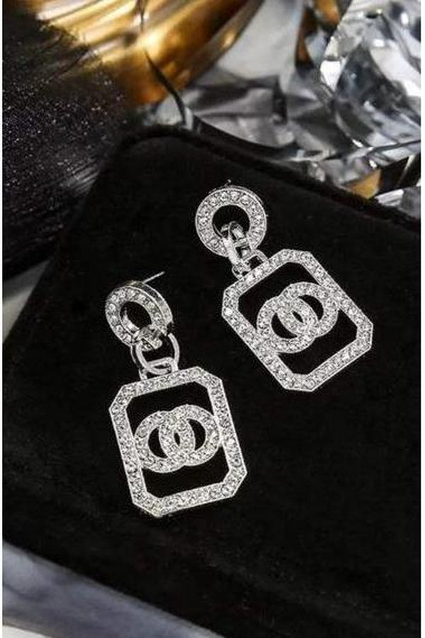 Rhinestone Crystal Geometric Drop Earrings in Silver finish - Hayati London