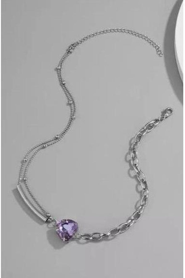 Sparkling Heart shaped Purple Rhinestone Choker Necklace,  Silver finish - Hayati London