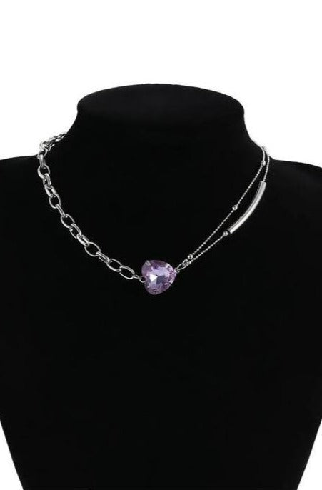 Sparkling Heart shaped Purple Rhinestone Choker Necklace,  Silver finish - Hayati London