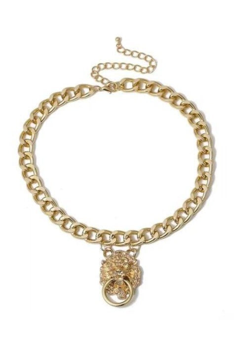 Stunning Lion Head Pendant Collar Necklace, Choker, Gold finish - Hayati London