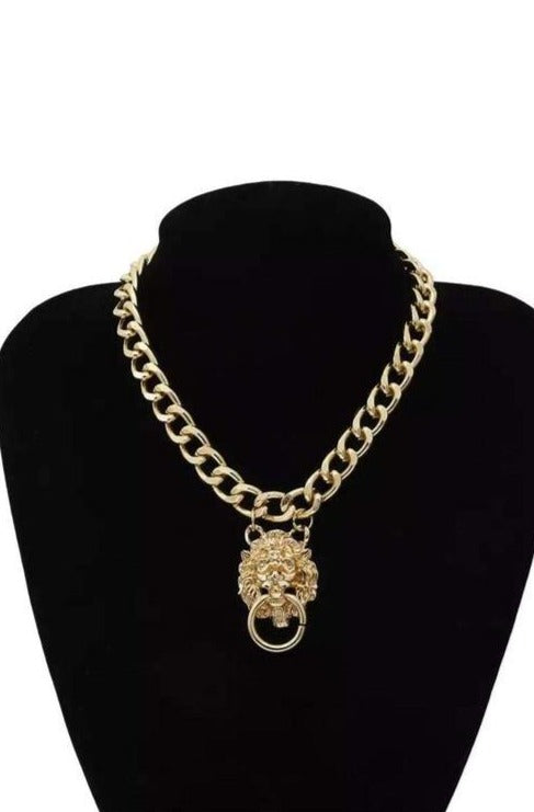 Stunning Lion Head Pendant Collar Necklace, Choker, Gold finish - Hayati London