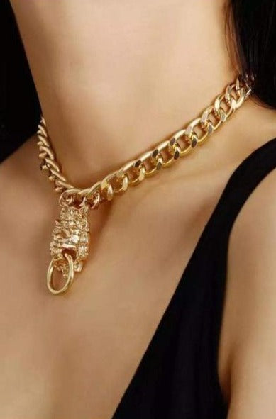 Stunning Lion Head Pendant Collar Necklace, Choker, Gold finish - Hayati London