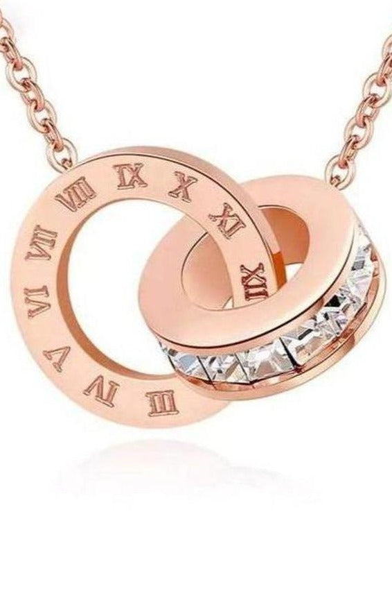 Stunning Necklace with Roman Numeral & Rhinestone Crystal detail pendant, rose gold finish - Hayati London