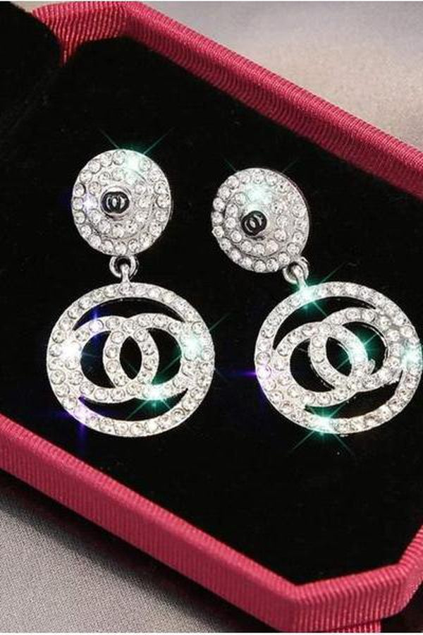 Stunning Rhinestone Crystal Geometric Drop Earrings, Silver finish, Round Dangle Earrings - Hayati London