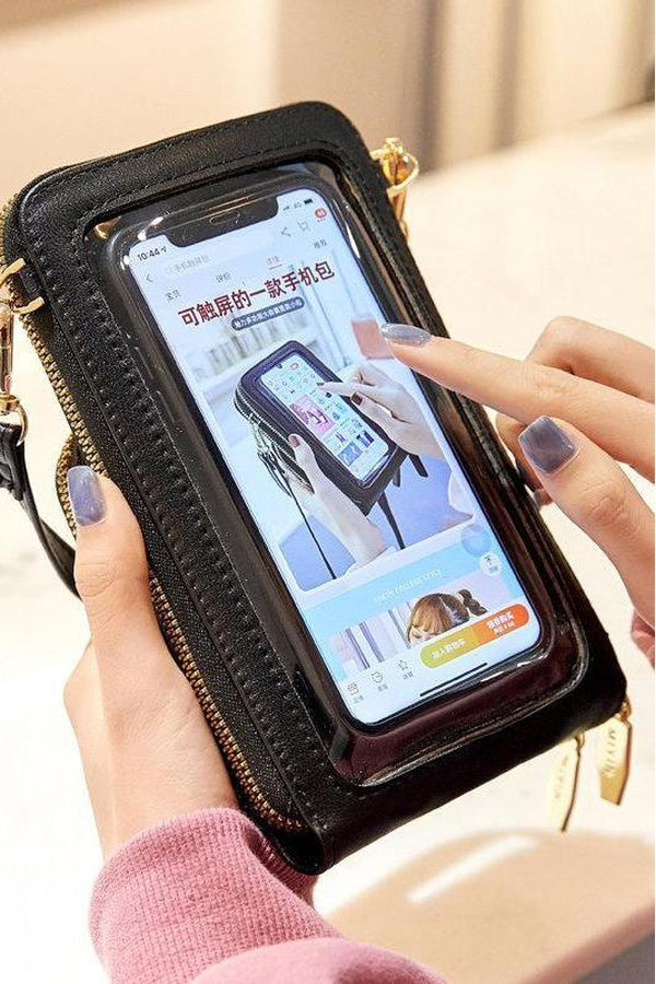 Touch-Sensitive Smartphone Wallet, Touchscreen Handbag, Waterproof PU Leather Crossbody for Women, Hygienic Clear Window Bag with Strap - Hayati London