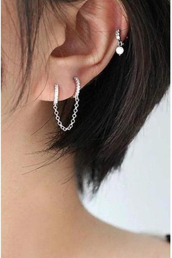 Unique Two Piercing Chain Earrings with Sparkling Cubic Zirconia. Silver finish. - Hayati London