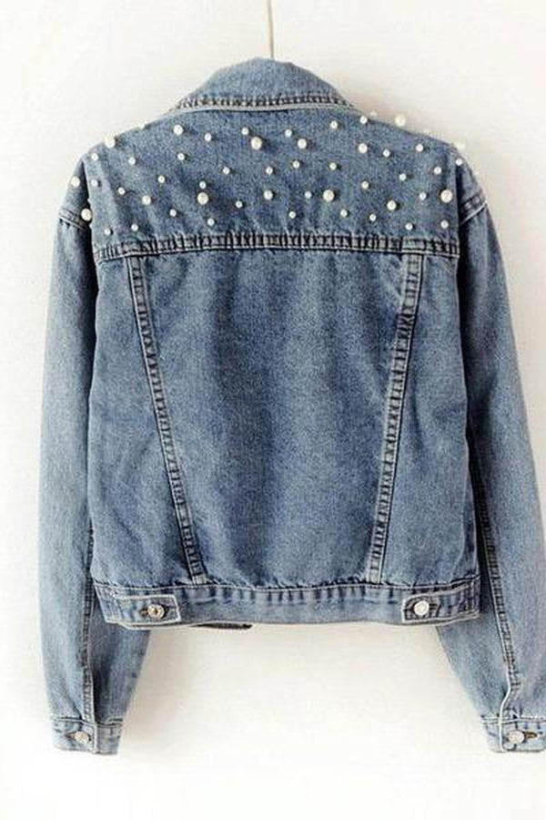 White Mermaid Pearl Studded Blue Wash Denim Jacket - Hayati London