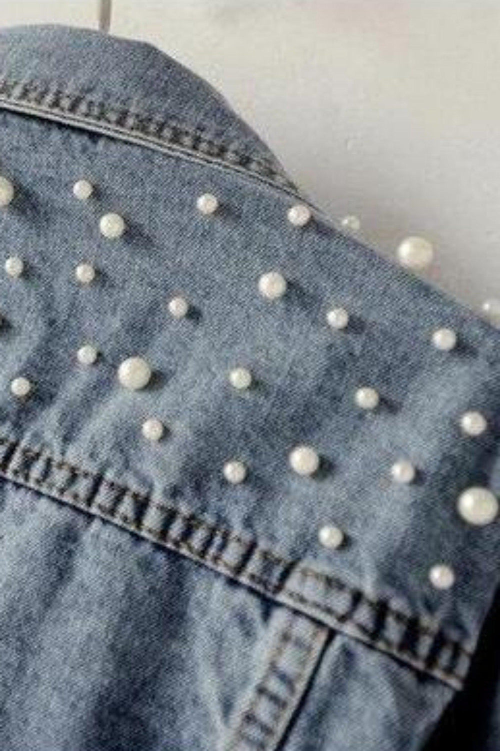 White Mermaid Pearl Studded Blue Wash Denim Jacket - Hayati London