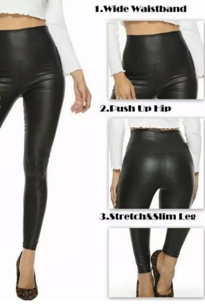 Elastigirl Black Faux Leather High Waisted Elastic Leggings - Hayati London