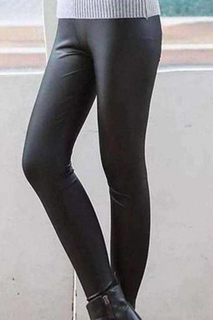 Elastigirl Black Faux Leather High Waisted Elastic Leggings - Hayati London