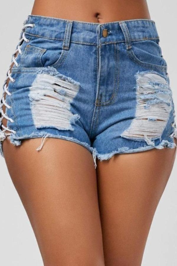 Denim Diva Lace Up High Waisted Ripped Shorts - Hayati London