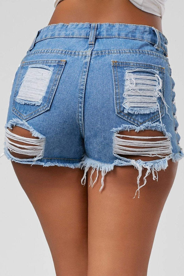 Denim Diva Lace Up High Waisted Ripped Shorts - Hayati London