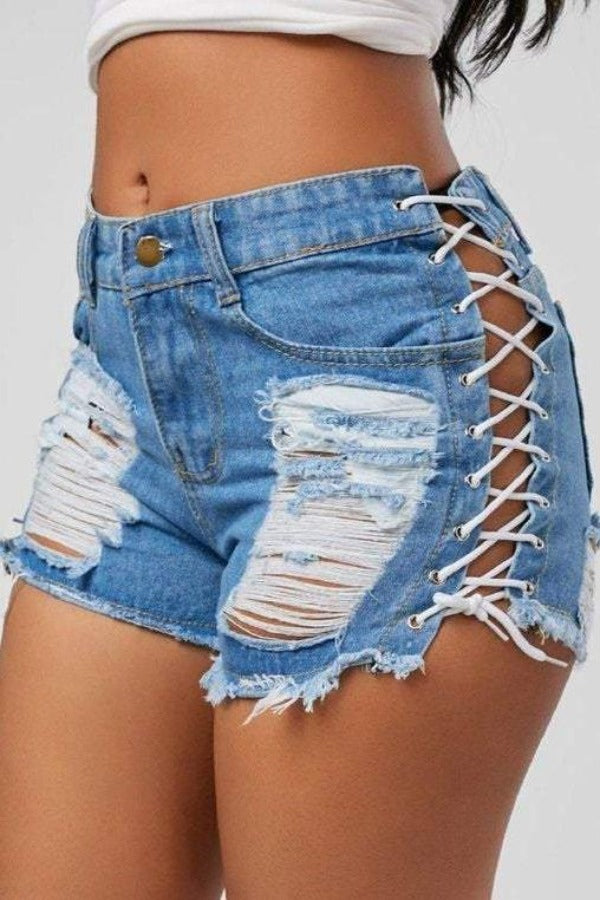 Denim Diva Lace Up High Waisted Ripped Shorts - Hayati London